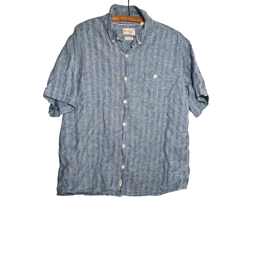 Weatherproof Vintage Washable Linen Blend Blue Striped Short Sleeve Shirt XL